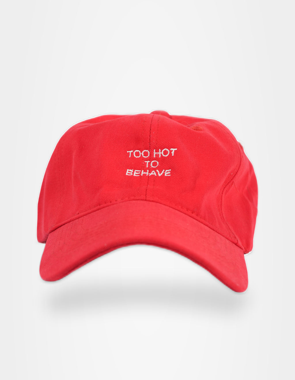 Too Hot to Behave Red Cap — front — Studio Joshua August 2026 — GO49-04