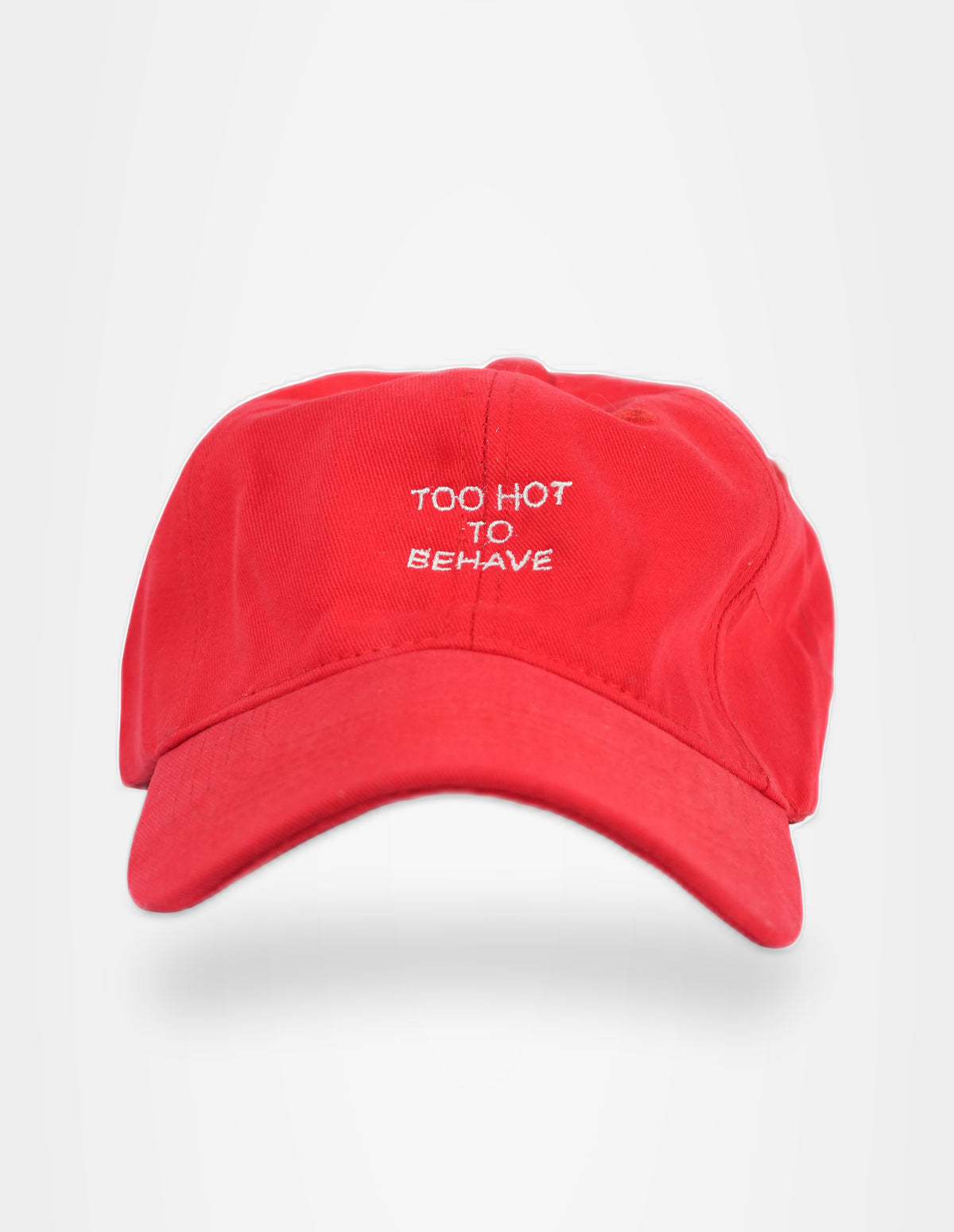 Too Hot to Behave Red Cap — front — Studio Joshua August 2026 — GO49-04